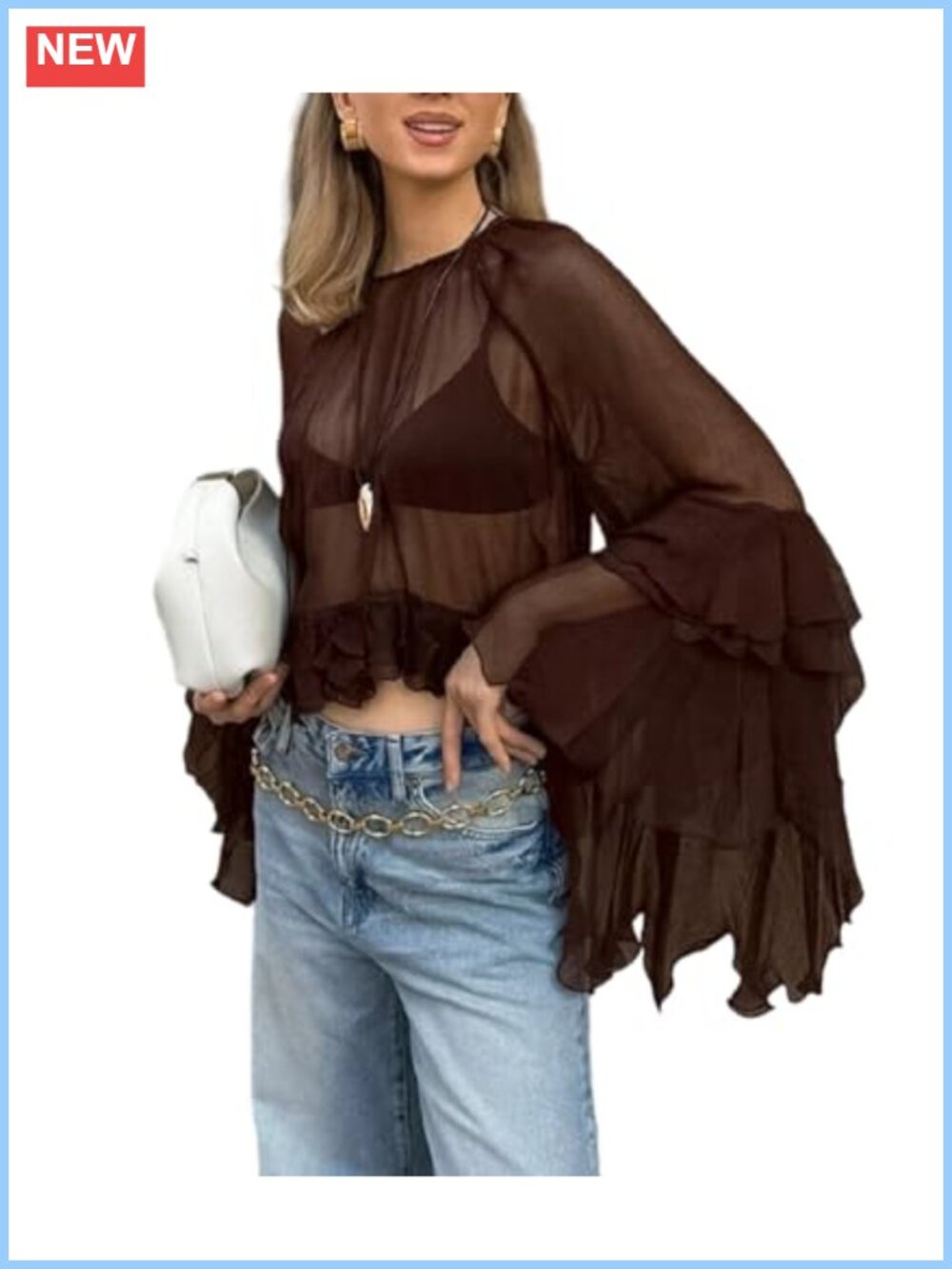 Womens Ruffle Chiffon Bell Sleeve Blouse Flowy Poncho Crop Top